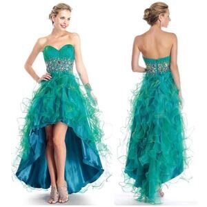 FIESTA Emerald Green Peacock High Low Ruffled Gown Dress Sequin Bling Glam Sz L